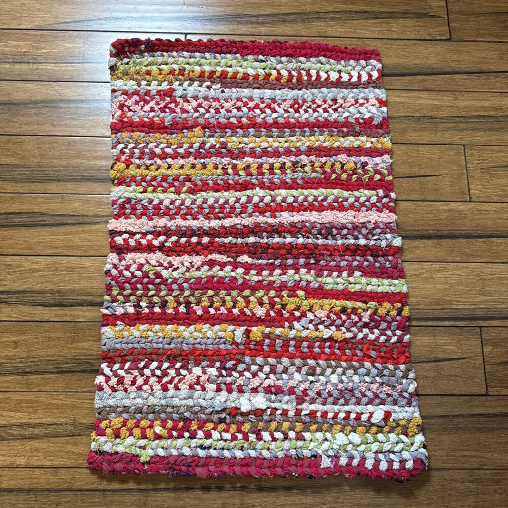 Woven Rag Rug Hand Loomed 35 X 23 Boho Farmhouse Chunky New USA Machine Wash